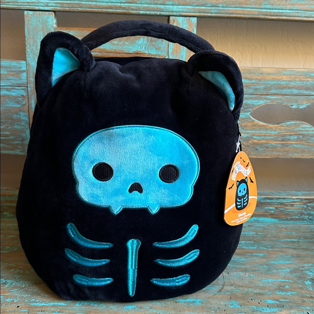 NWT Original Squishmallows “Stump” 12” Plush Cat Skeleton Treat Pail